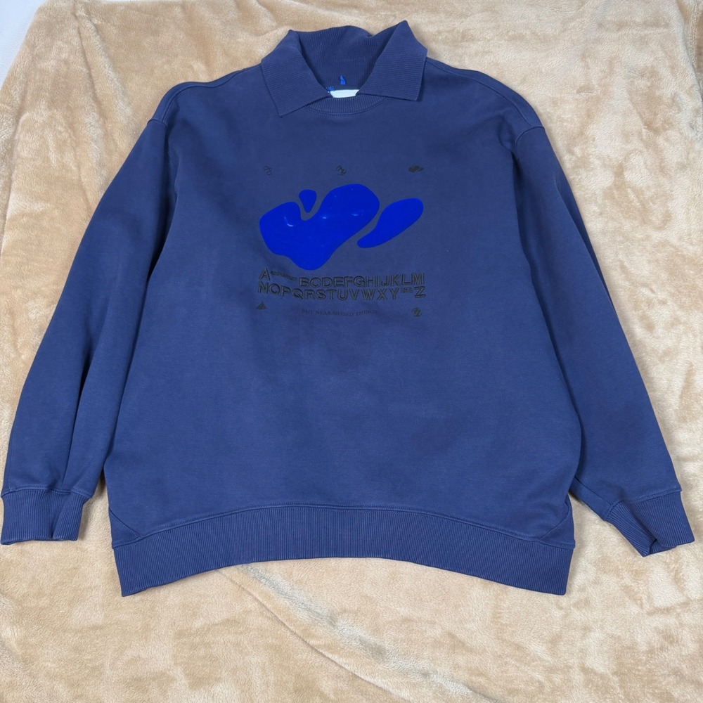Zara Ader Error Navy Blue Polo Collar Graphic Sweatshirt Mens Size S-M